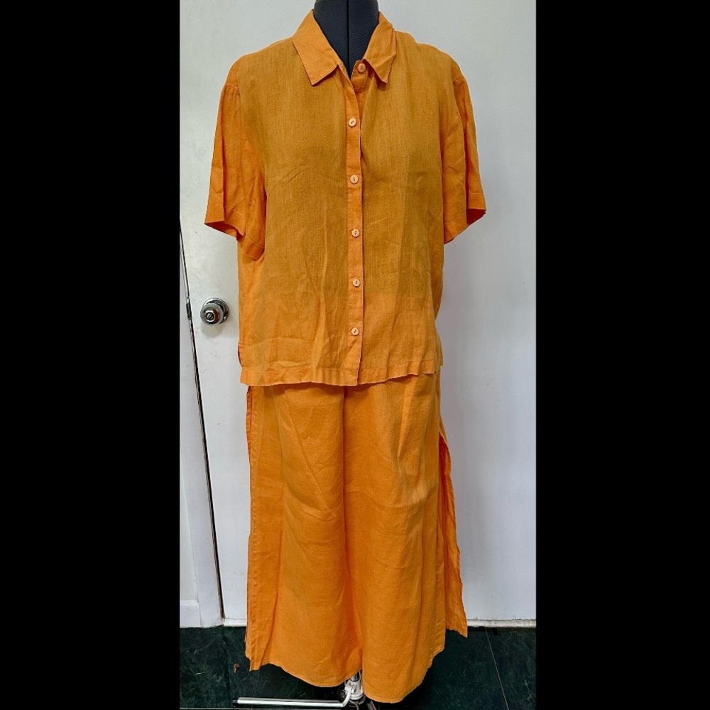 VINTAGE 1990s EILEEN FISHER 100% LINEN SHIRT TOP MAXI SKIRT OUTFIT ORANGE M L